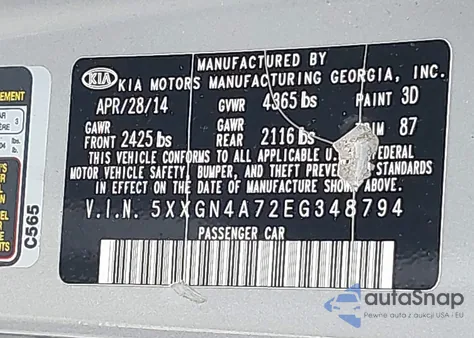 2014 Kia Optima Ex from USA, damaged, VIN 5XXGN4A72EG348794
